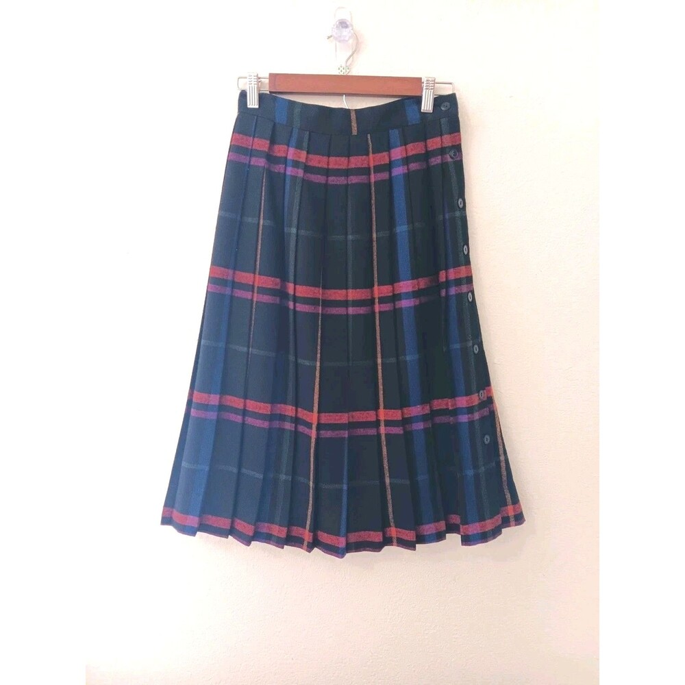Vintage Plaid Pleated Midi Skirt Sz 8 Made in USA Wool Blend Side Button
